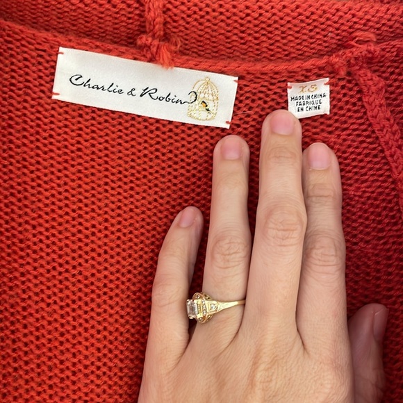 Unique mid-2000’s sweater coat in fun red orange color with waist detailing. - Picture 2 of 8